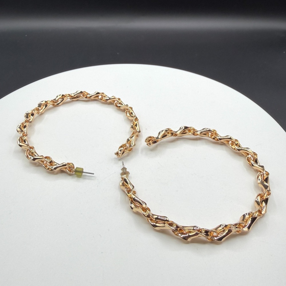 Gold Tone Large Hoop Earrings Sculptural Twisted Ribbon Statement Pierced Boho
